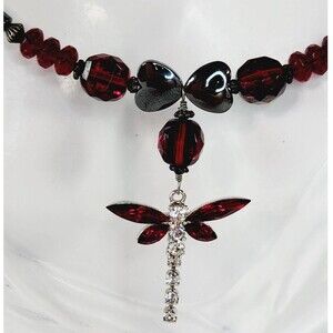 Dragonfly 17" Necklace Red Black Rhinestone Gunmetal Nature Inspired Art To Wear